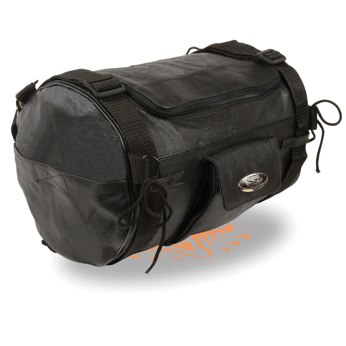 HighwayLeather leather roll bag attached to sissy bar for bikers, dimensions 14x10x10, durable motorcycle bag for riders.