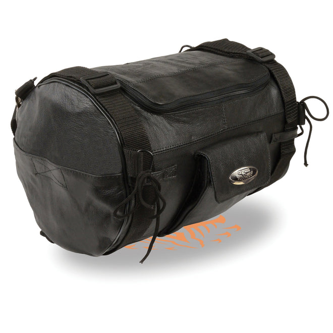 HighwayLeather leather roll bag attached to sissy bar for bikers, dimensions 14x10x10, durable motorcycle bag for riders.