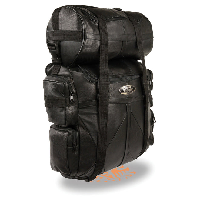 Large Leather Deluxe Sissy Bar Pack for biker bags by HighwayLeather, showing a spacious 20x16x6 leather saddlebag attached to a motorcycle sissy bar.