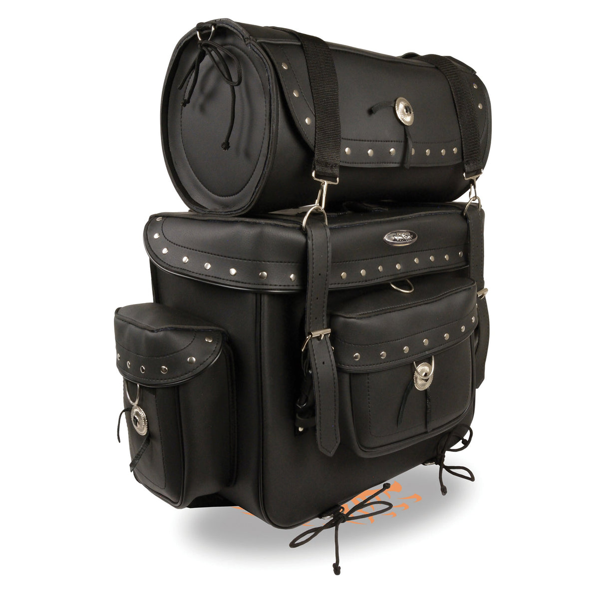 Large PVC studded touring sissy bar bag by HighwayLeather, 18x16x9 inches, designed for motorcycle touring and storage.