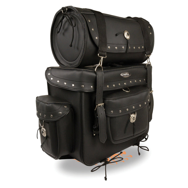 Large PVC studded touring sissy bar bag by HighwayLeather, 18x16x9 inches, designed for motorcycle touring and storage.