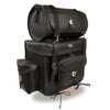 Large PVC touring sissy bar bag by HighwayLeather, 18x16x9 inches, featuring sturdy construction and multiple compartments for biker storage.