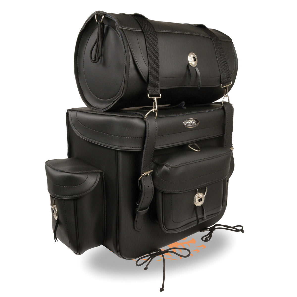 Large PVC touring sissy bar bag by HighwayLeather, 18x16x9 inches, featuring sturdy construction and multiple compartments for biker storage.
