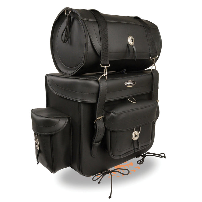 Large PVC touring sissy bar bag by HighwayLeather, 18x16x9 inches, featuring sturdy construction and multiple compartments for biker storage.