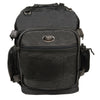 Large leather and textile cruiser sissy bar backpack for bikers, with sturdy straps and spacious storage, by Dynamicleather.