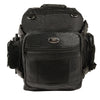 Medium leather and textile cruiser sissy bar backpack by Dynamicleather, with 12x16x6 dimensions, designed for biker bags.
