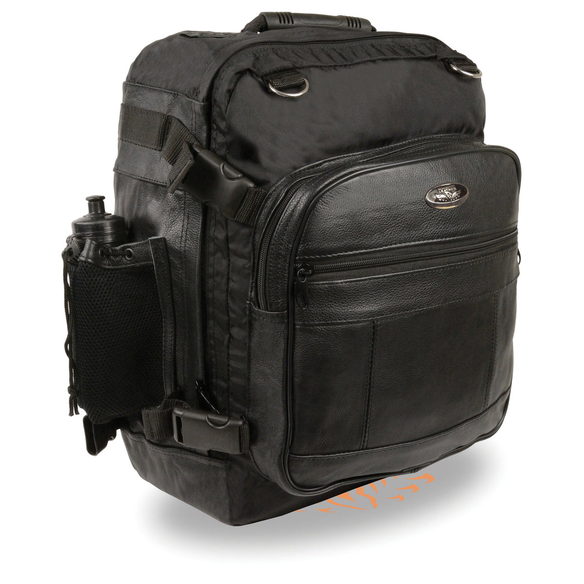 Medium leather and textile cruiser sissy bar backpack for bikers, featuring durable straps and spacious design from Dynamicleather.