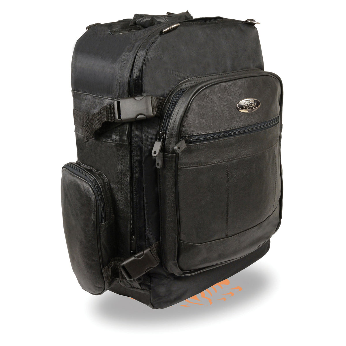 Large leather and textile cruiser sissy bar backpack for bikers, with multiple compartments and rugged design by Dynamicleather.