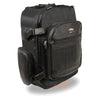 Large leather and textile cruiser sissy bar backpack by HighwayLeather, showing its spacious design with straps and sturdy construction.