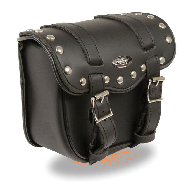 Small PVC studded biker bag by Milwaukee Leather, 8x8x4.5 inches with quick-release mounting, designed for sissy bars.