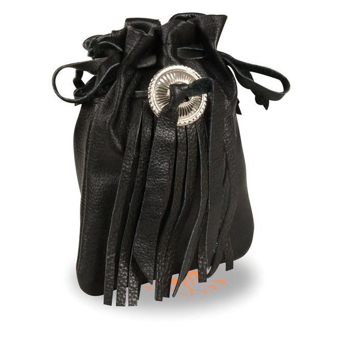 HighwayLeather leather drawstring belt pouch with belt clasp, clip thigh fan bag in 7x6 inches, black leather with adjustable strap