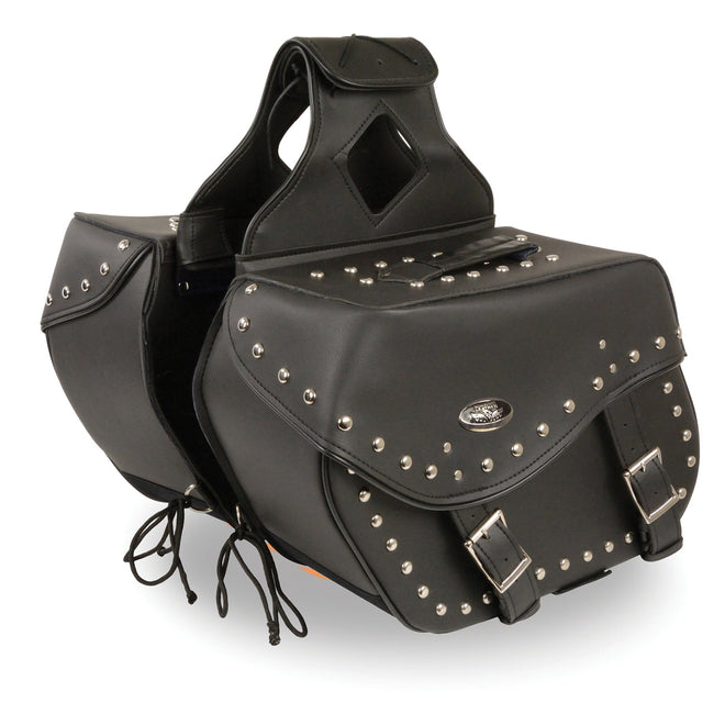 HighwayLeather large zip-off PVC studded motorcycle saddle bag with multiple compartments and sturdy design.