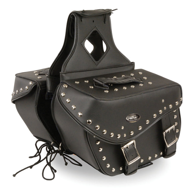 HighwayLeather medium zip-off PVC studded motorcycle saddle bag with textile accents, measuring 13x10x6x19 inches, for motorcycle storage.