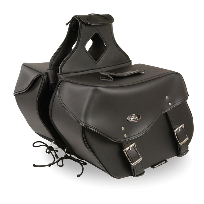 HighwayLeather large zip-off PVC throw-over motorcycle saddle bag with multiple compartments and adjustable straps.