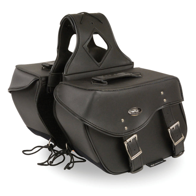 HighwayLeather medium zip-off PVC studded motorcycle saddle bag with textile motorcycle gloves shown in the image.