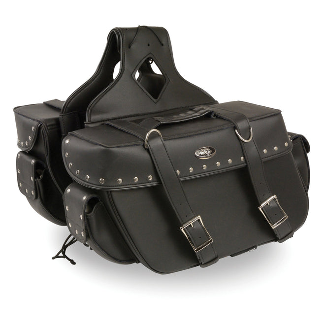 HighwayLeather large zip-off PVC throw-over saddle bag with rivets, suitable for motorcycle use, with a textured surface and adjustable straps.