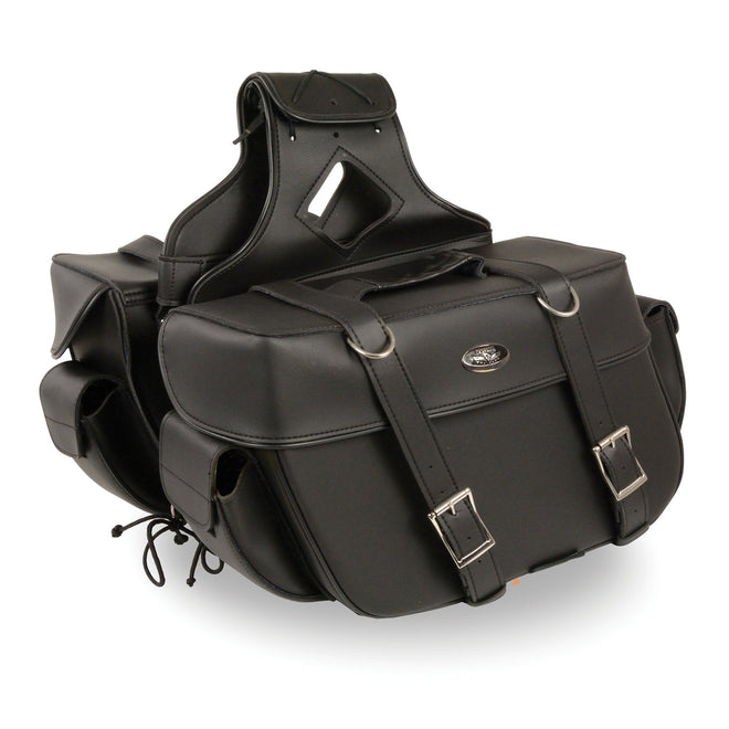 HighwayLeather large zip-off PVC throw-over saddle bag on a motorcycle, with textile motorcycle gloves nearby, 16x11x6x22 inches