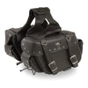 HighwayLeather medium zip-off PVC motorcycle saddle bag on a bike, showcasing durable riveted design and textile construction.