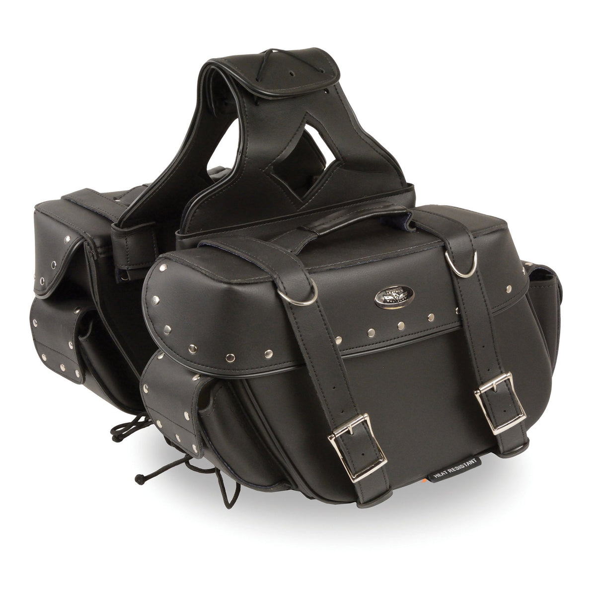 HighwayLeather medium zip-off PVC motorcycle saddle bag on a bike, showcasing durable riveted design and textile construction.