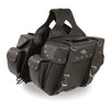 HighwayLeather medium zip-off PVC motorcycle saddle bag with rivets, measuring 13x10x5x20 inches, attached to a textile motorcycle glove.