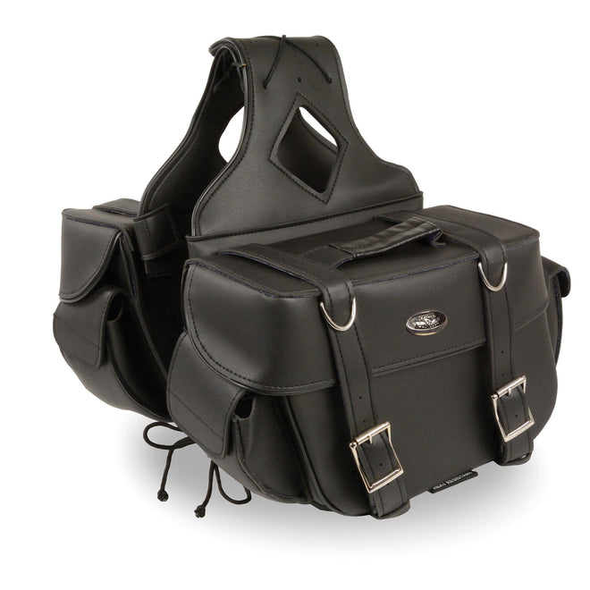 HighwayLeather medium zip-off PVC throw-over saddle bag with rivets, designed for motorcycle use, 13x10x5x20 inches.