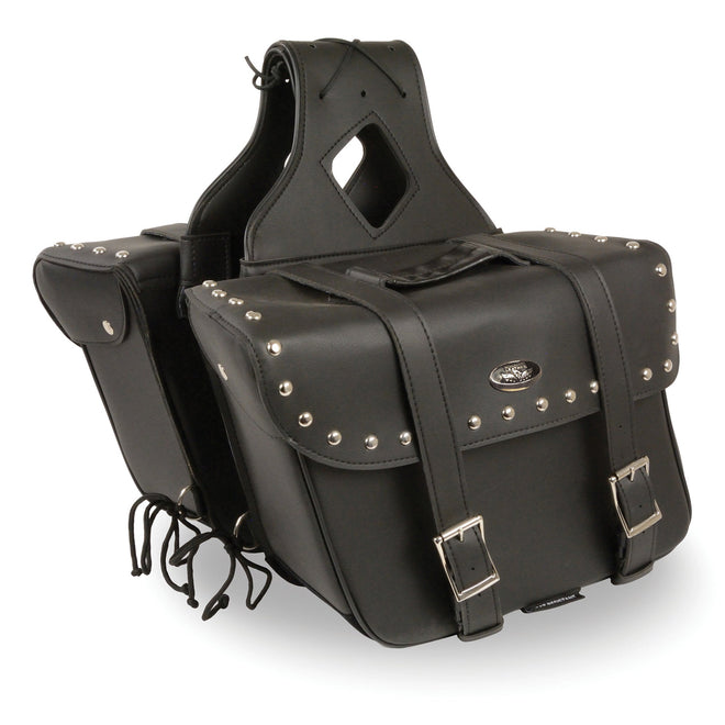 HighwayLeather large zip-off PVC slanted saddle bag with studs, designed for motorcycle use, shown with motorcycle gloves.