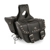 Medium PVC slanted biker saddle bag with zip-off feature, studded design by Dynamicleather, measuring 12x9x5x18 inches.