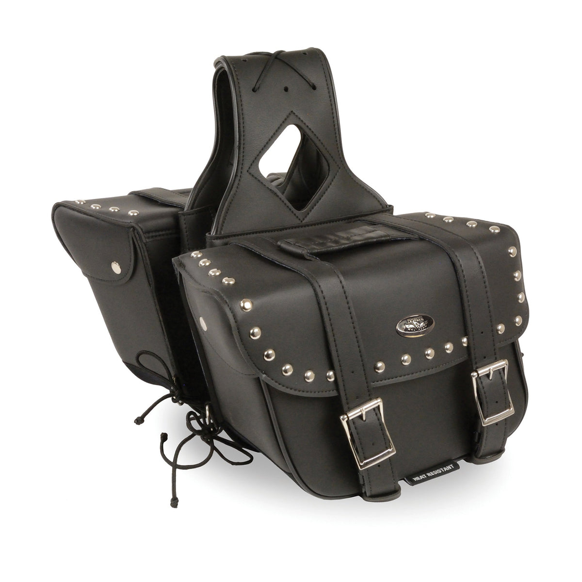 Medium PVC slanted biker saddle bag with zip-off feature, studded design by Dynamicleather, measuring 12x9x5x18 inches.