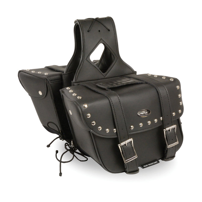 Medium PVC slanted biker saddle bag with zip-off feature, studded design by Dynamicleather, measuring 12x9x5x18 inches.