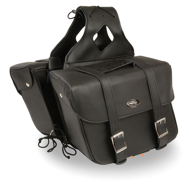 HighwayLeather large zip-off PVC slanted saddle bag for motorcycles, 15x12x5x22 inches, with textile motorcycle gloves in front.
