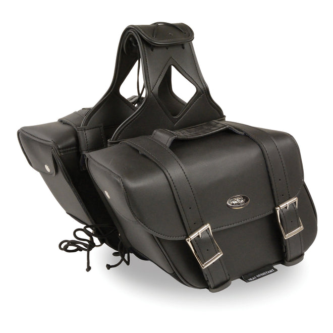 HighwayLeather medium zip-off PVC slanted throw-over saddle bag with textile motorcycle gloves, showing bag's slanted design and material.