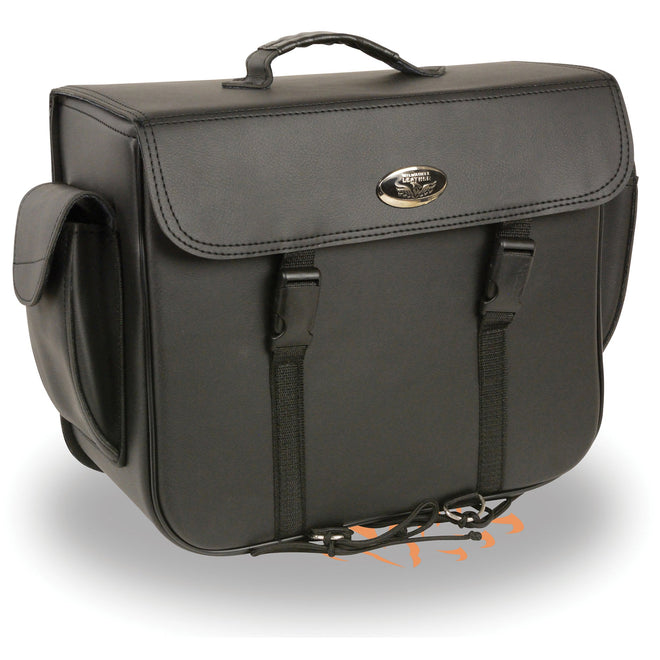 Large PVC biker bag with carry handle, HighwayLeather sissy bar bag measuring 16x13x7 inches, designed for motorcycle storage.