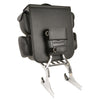 Large PVC biker sissy bar bag by Dynamicleather with five bonus pockets, measuring 16x19x7 inches, shown mounted on a motorcycle.