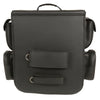 Large PVC biker sissy bar bag by Dynamicleather with 5 bonus pockets, measuring 16x19x7 inches, shown mounted on a motorcycle.