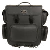 Large PVC biker sissy bar bag by Dynamicleather with 5 bonus pockets, measuring 16x19x7 inches, mounted on a motorcycle.
