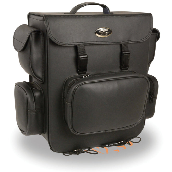 Large PVC sissy bar bag by Dynamicleather with five bonus pockets, measuring 16x19x7 inches, designed for motorcycle touring.