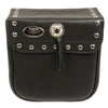 Small PVC studded Sissy Bar Bag from HighwayLeather, black biker bag with metal studs, 9x9x4.5 inches, designed for motorcycle sissy bars.