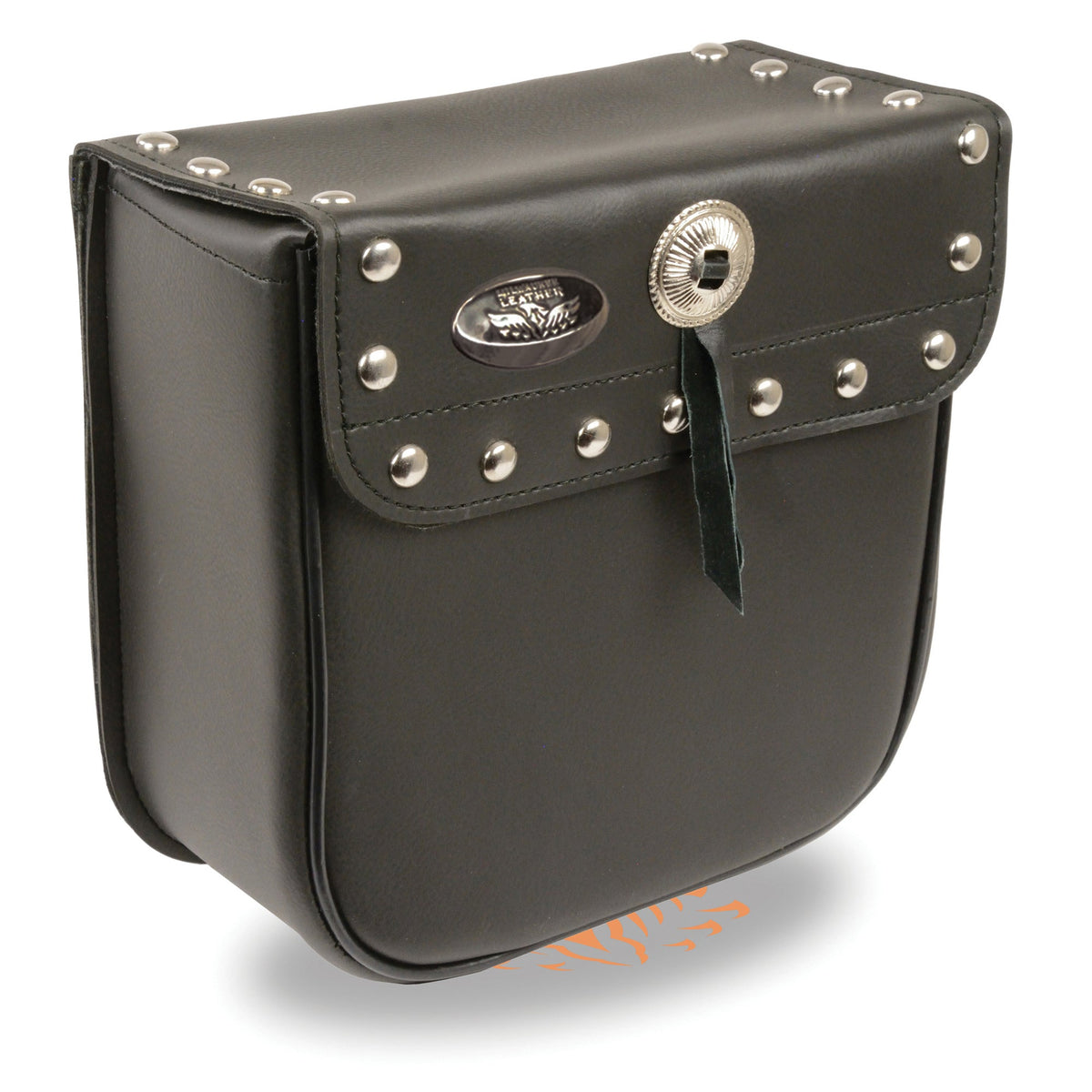 Small PVC studded biker bag by HighwayLeather with compact 9x9x4.5-inch design, featuring studded details and adjustable straps.