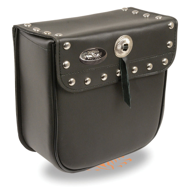 Small PVC studded biker bag by HighwayLeather with compact 9x9x4.5-inch design, featuring studded details and adjustable straps.