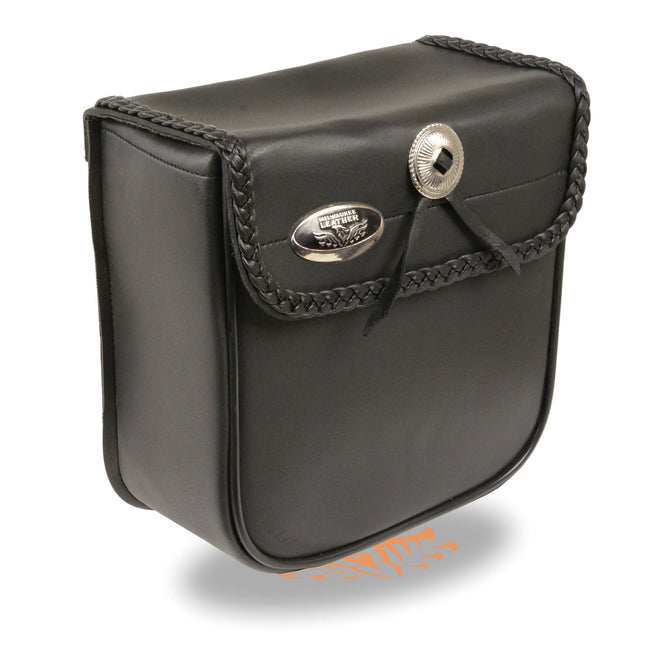 Small PVC braided sissy bar bag for bikes, Milwaukee Leather biker bag with 9x9x4.5 inch compact storage and durable design.