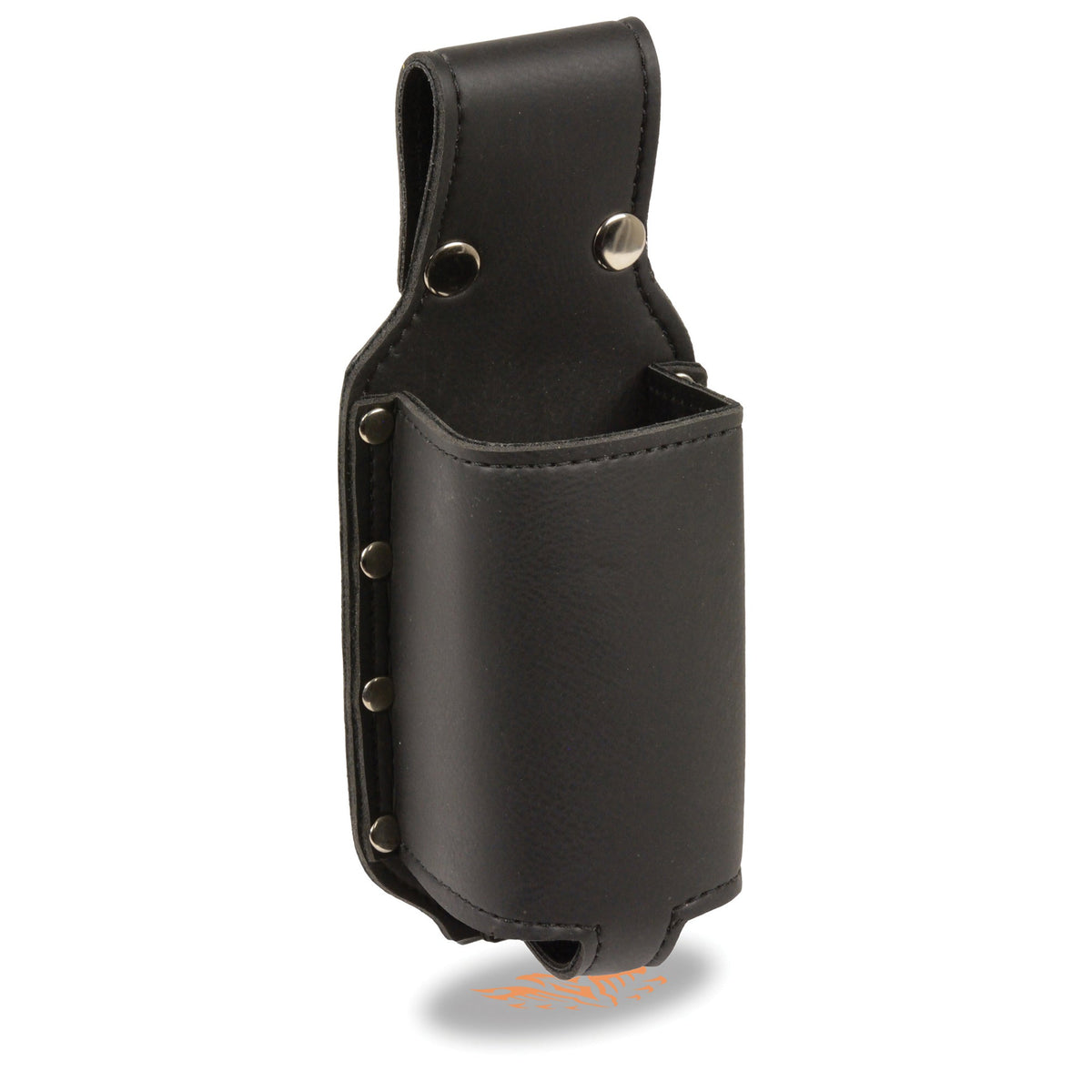 Dynamicleather handlebar water bottle holder sleeve with snap-over strap designed for 12x4 bottles, mounted on bike handlebar.