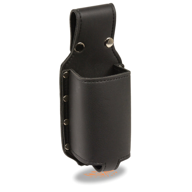 Dynamicleather handlebar water bottle holder sleeve with snap-over strap designed for 12x4 bottles, mounted on bike handlebar.