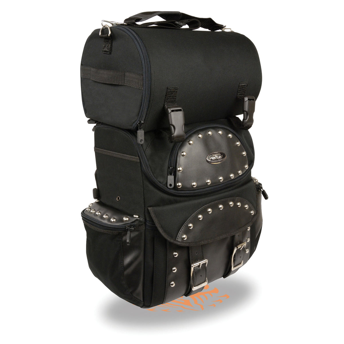 HighwayLeather medium textile two-piece studded touring sissy bar bag with roll-up design for motorcycle luggage storage.