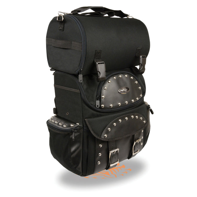 HighwayLeather medium textile two-piece studded touring sissy bar bag with roll-up design for motorcycle luggage storage.