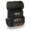 HighwayLeather medium textile two-piece touring sissy bar bag on motorcycle, showing durable fabric and secure straps.
