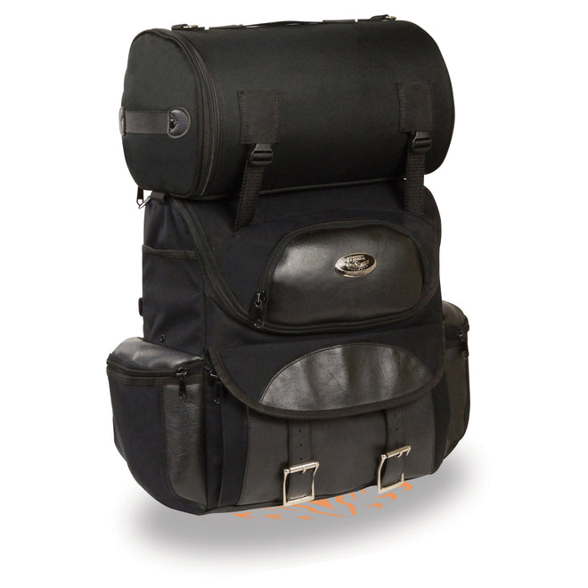 HighwayLeather medium textile two-piece touring sissy bar bag on motorcycle, showing durable fabric and secure straps.