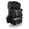 HighwayLeather large textile two-piece sissy bar bag with briefcase pockets on a motorcycle, measuring 15x21x8 inches.