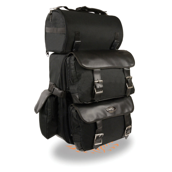 HighwayLeather large textile two-piece sissy bar bag with briefcase pockets on a motorcycle, measuring 15x21x8 inches.