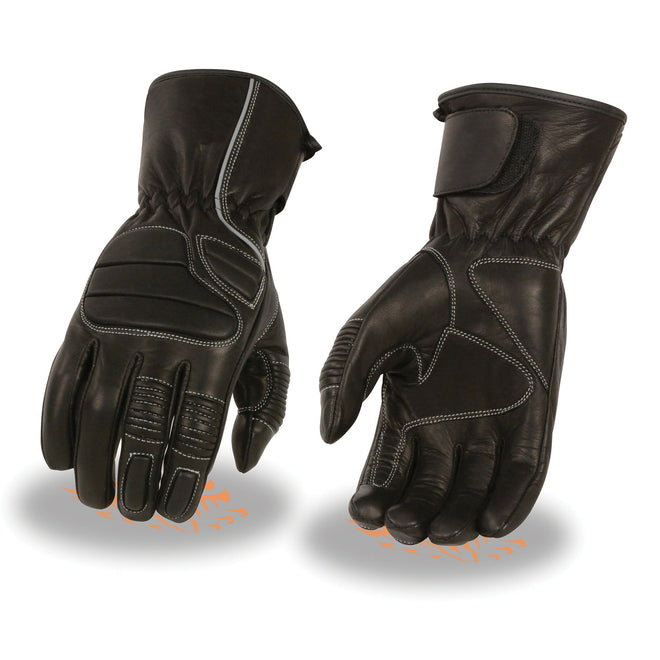 HighwayLeather men's thermal lined padded racing gloves with reflective piping, designed for warmth and visibility during riding.