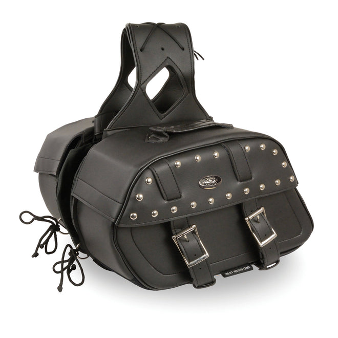 HighwayLeather zip-off PVC studded throw-over rounded saddle bag with motorcycle gloves on a motorcycle seat.
